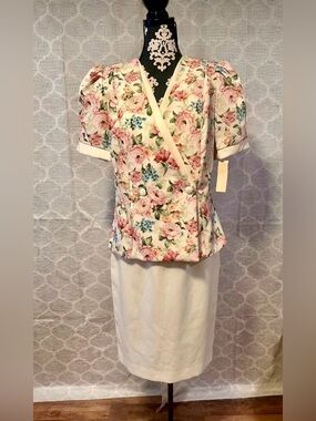 NWT Deadstock Vintage 80s Sears Floral Skirt Set 2pc Puff Sleeve Blazer Midi 14P